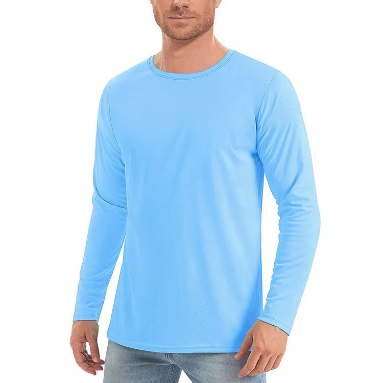 Men's solid colour long sleeve UV protection top in quick-dry polyester fabric
