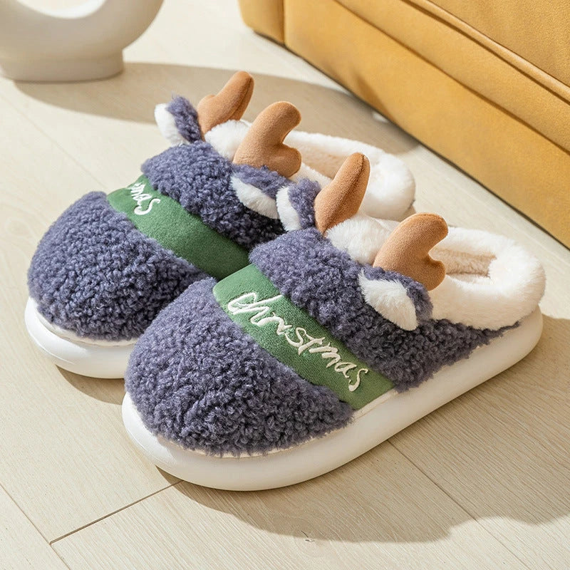 Cozy elk-themed winter home slippers in various candy colors with soft suede upper and supportive EVA sole