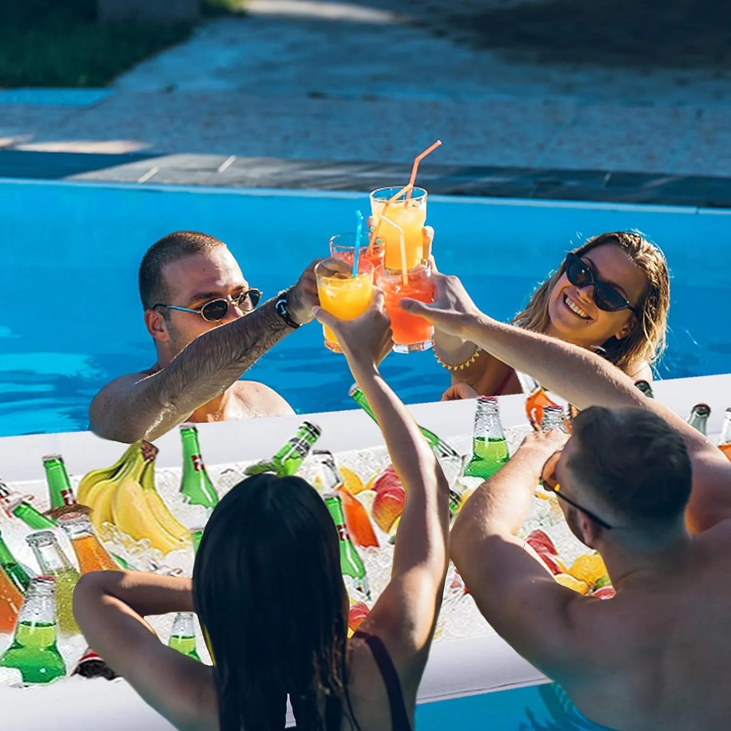 Inflatable ice bar set with yellow ice bucket and cup holder on a grey background.