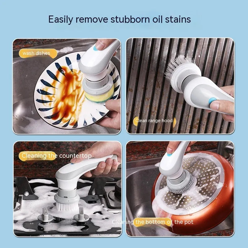 White cordless electric spin scrubber with multiple brush heads on a bathroom tile.