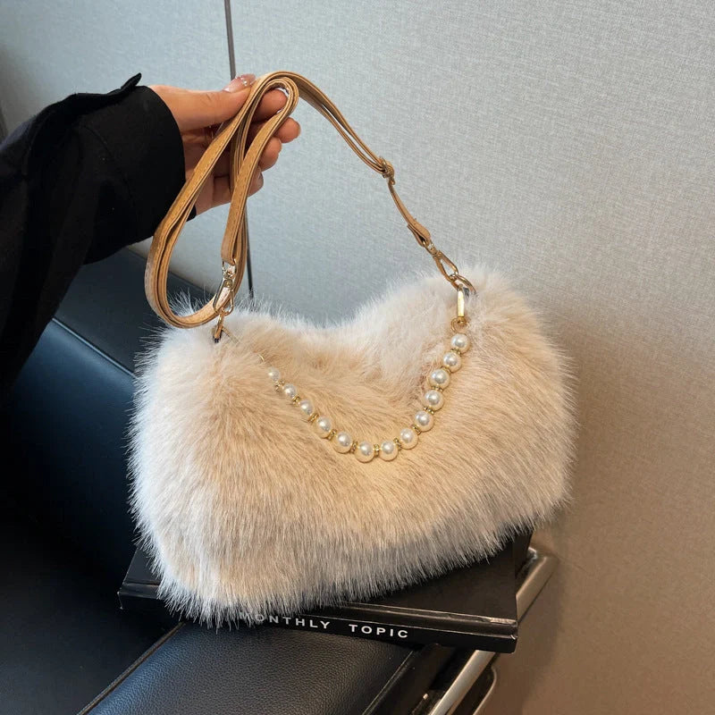 Autumn and winter plush pearl chain crossbody bag for women in various colours