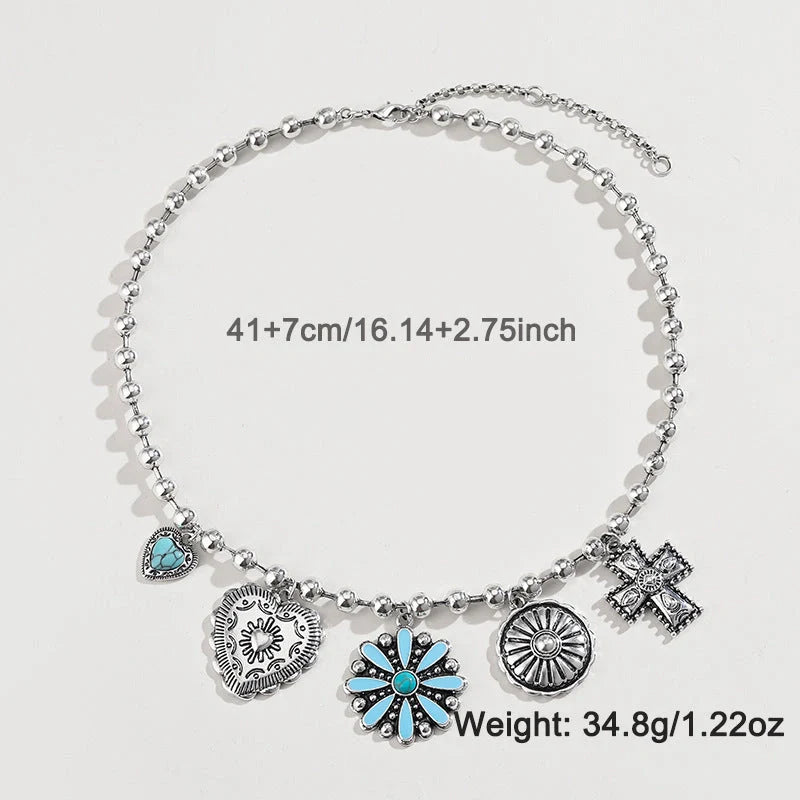 Elegant turquoise and cross-patterned personalized necklace set with vintage-inspired design