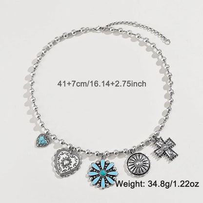 Elegant turquoise and cross-patterned personalized necklace set with vintage-inspired design