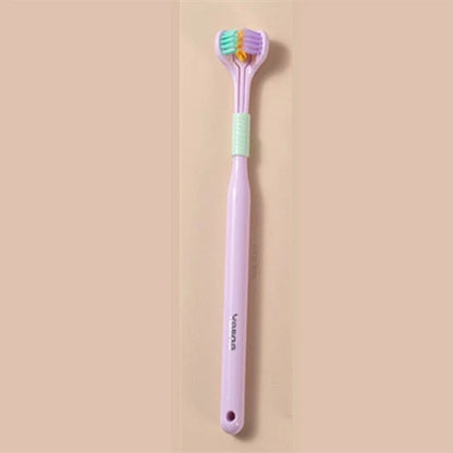 A soft bristle toothbrush with a unique triple-sided brush head for deep cleaning and customizable bristle firmness.