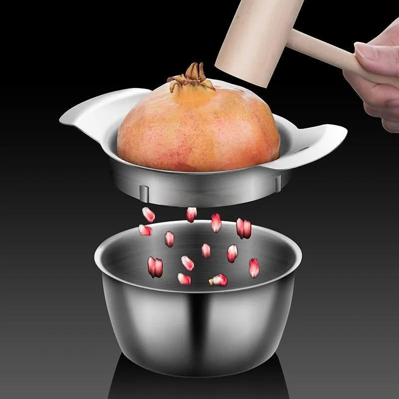 304 stainless steel pomegranate fruit opener set with wooden hammer and bowl