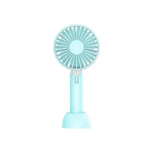 Blue handheld and desktop mini USB electric fan with three-speed control on a table.