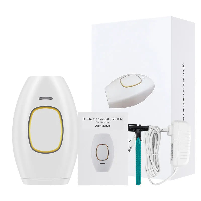 White laser hair removal device with shaver attachment and international power adapters