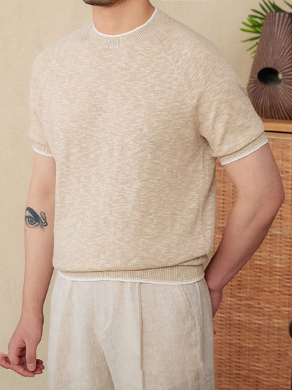 Brown linen-cotton blend casual T-shirt with round neck and short sleeves on a hanger