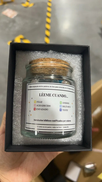Glass Bible verses jar with cartoon design containing 90 rolled scripture papers in multiple colour options