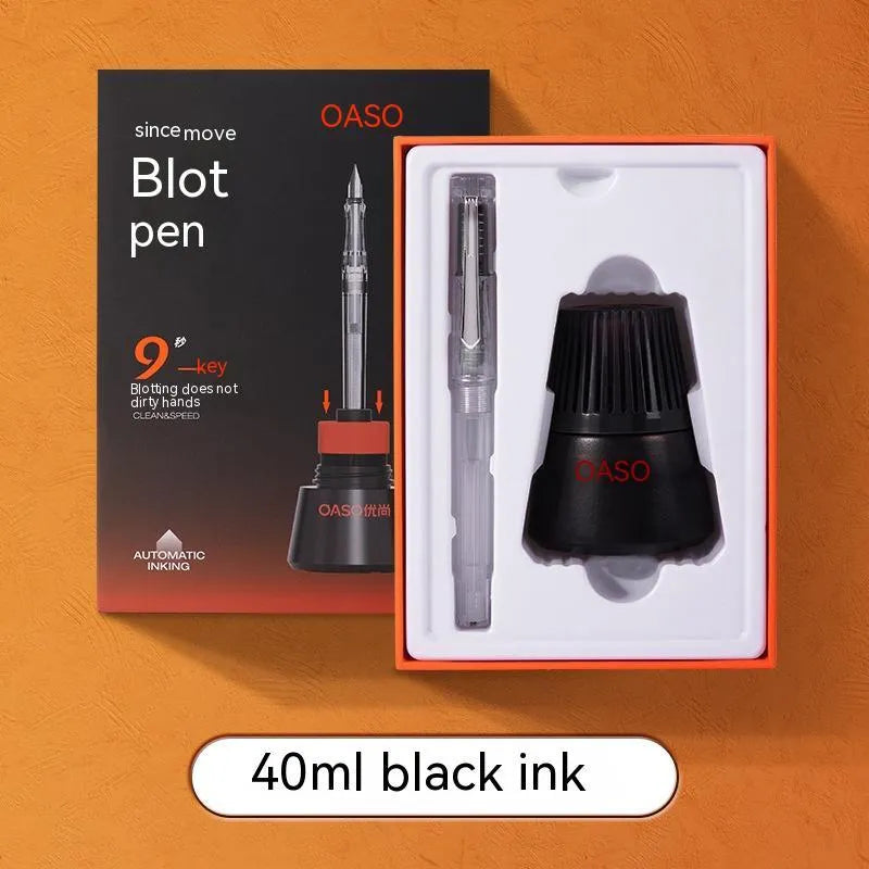 Student automatic suction pen set showing pen, ink feeder, and handbag with 0.38mm and 0.5mm nib options