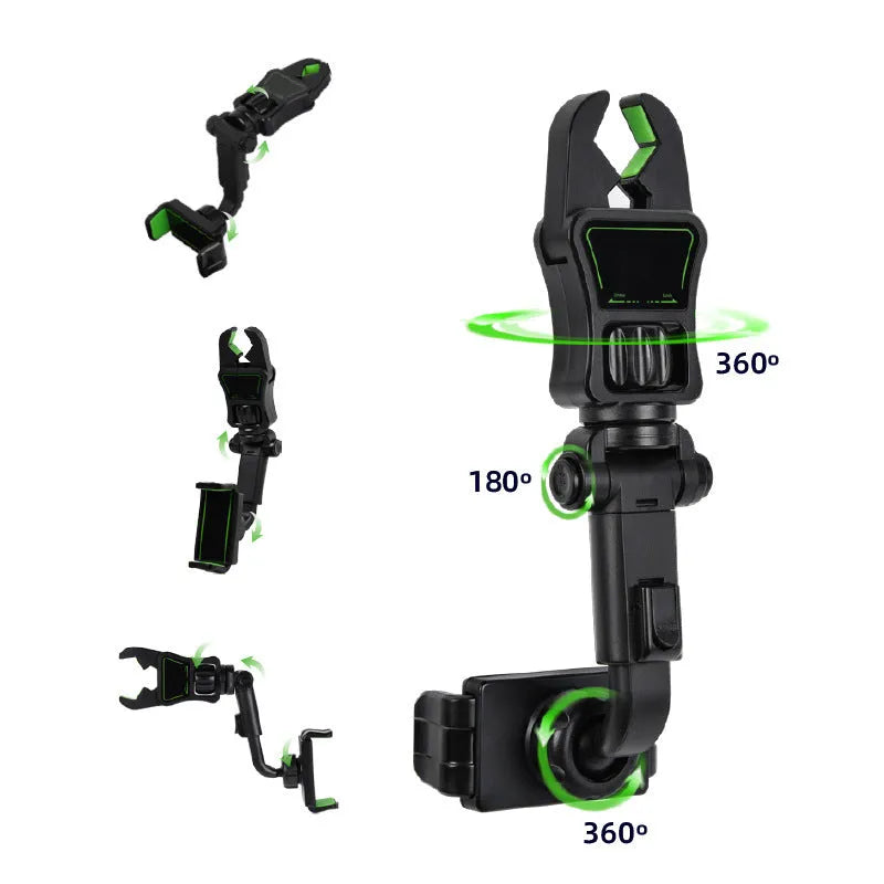 Car mobile phone holder rear view mirror bracket mount with adjustable clamp, universal fit for most vehicles, made from durable ABS plastic, black and green or black and grey colour options, ideal for navigation and hands-free use