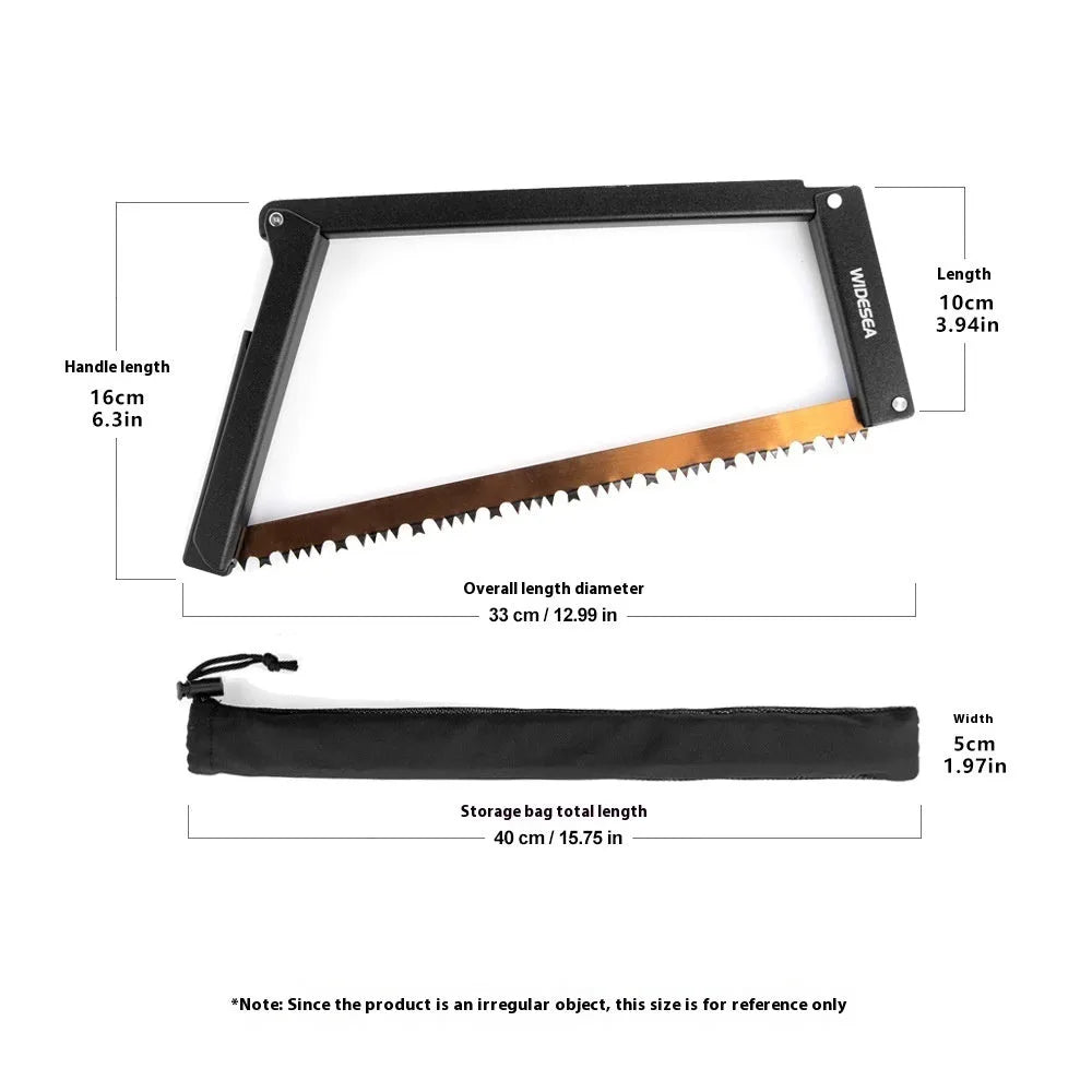 Black foldable outdoor saw with aluminium frame and PA66 nylon handle in open position.