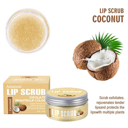 Amatoni 30g pot of fruit flavour lip scrub cream in coconut, raspberry, vanilla, or watermelon