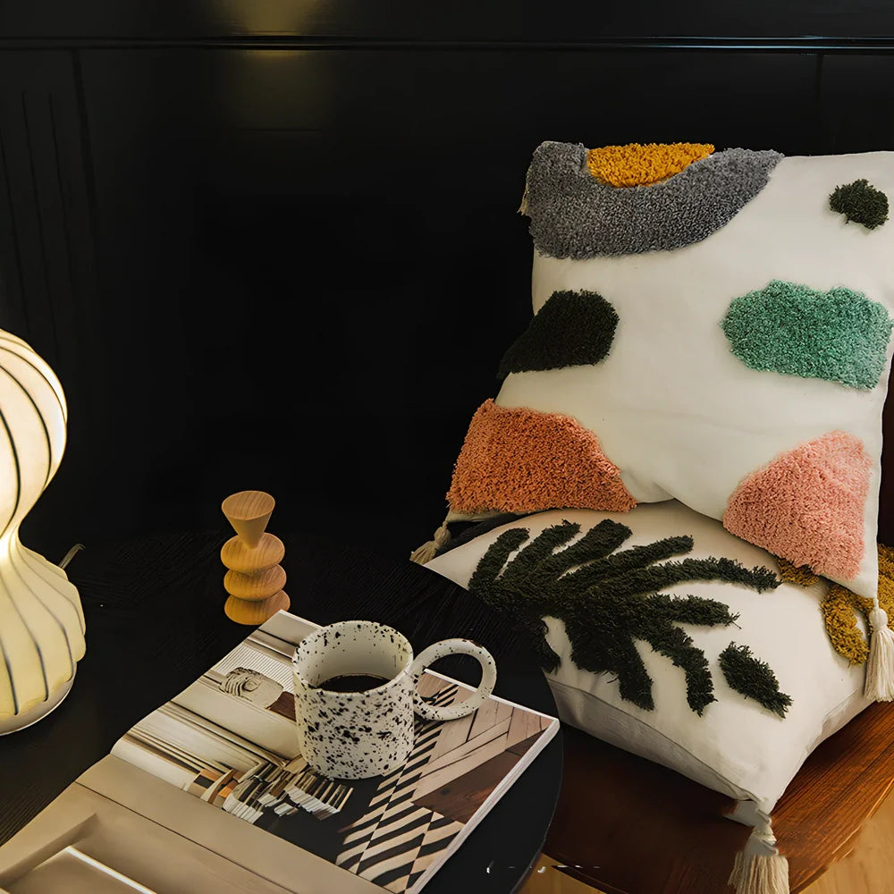 Tufted cotton sofa pillowcase 45x45cm in dark grey flower field print, showing textured loops and full coverage design