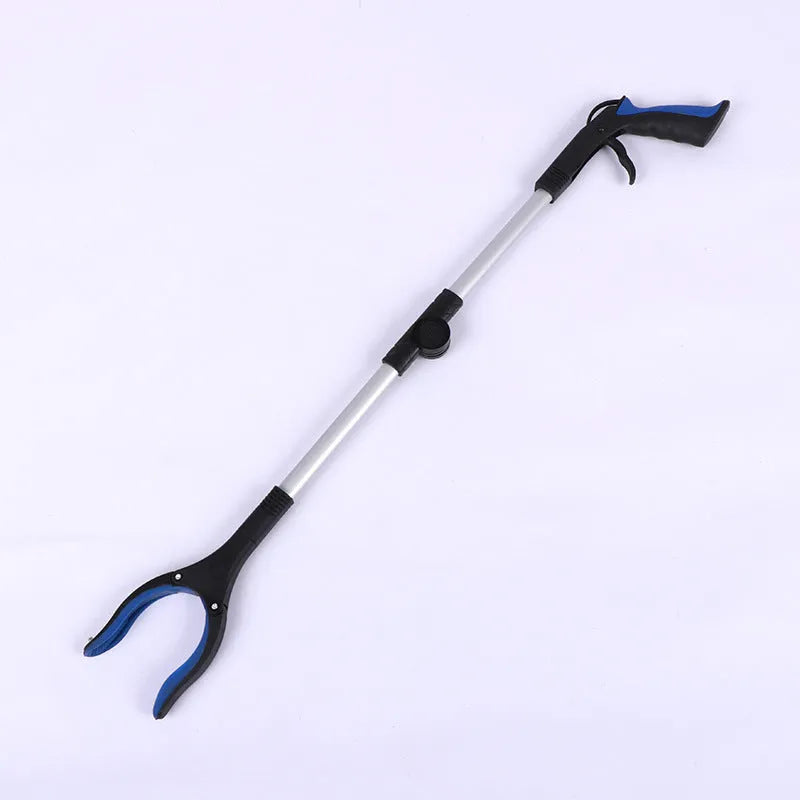 Foldable aluminium garbage clamp with a blue handle, shown extended and with a magnet sucker on the head.
