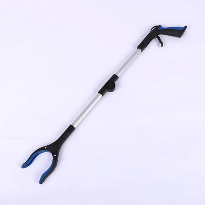 Foldable aluminium garbage clamp with a blue handle, shown extended and with a magnet sucker on the head.