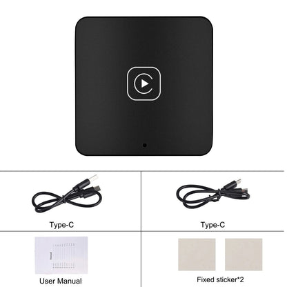 Black universal wireless CarPlay and Android Auto adapter module with connection cables.