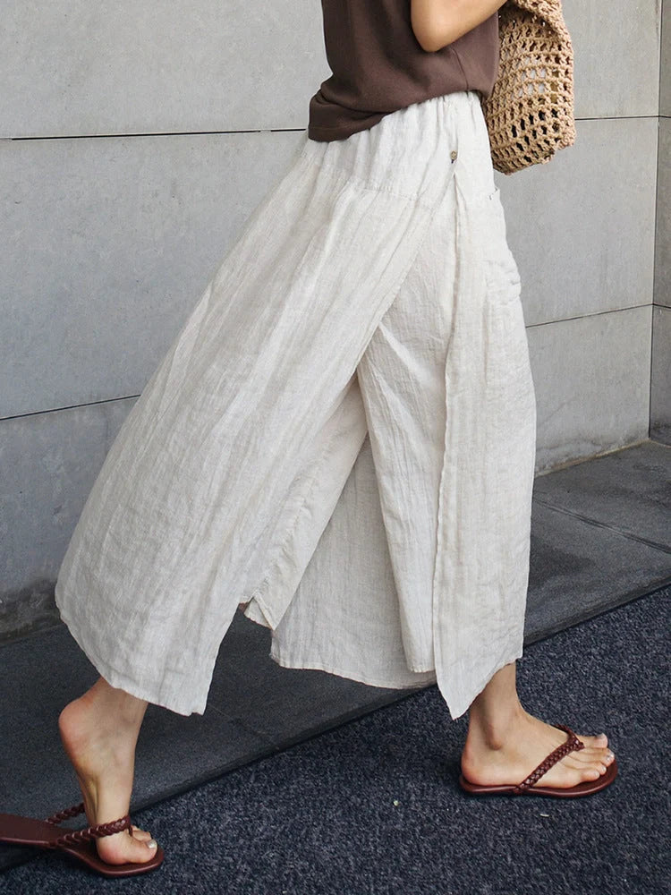 Elegant linen wide-leg culottes with double pockets in various colours and sizes