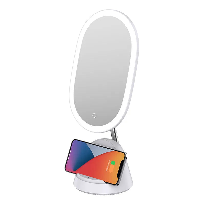 White desk lamp with integrated rectangular makeup mirror and UK plug on a wooden table.