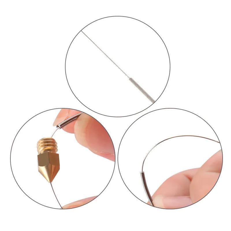 Ten brass nozzle cleaning needles for Mk8 E3D 3D printers with diameter options from 0.2mm to 0.4mm