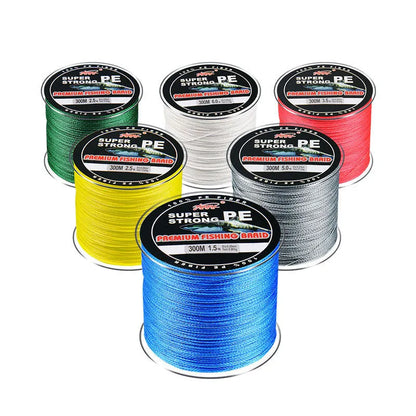 Spool of Dali Mayu 300 metre PE fishing line showing multiple colour options and line number thickness choices.