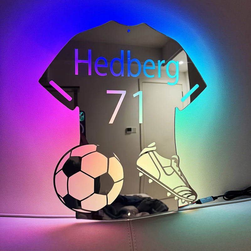 LED Illuminated Football Jersey Mirror Light with Remote Control Acrylic Shell Customisable 12 Colour Personalised Wall Mounted Night Light for Bedroom Gaming Room Small Large Extra Large