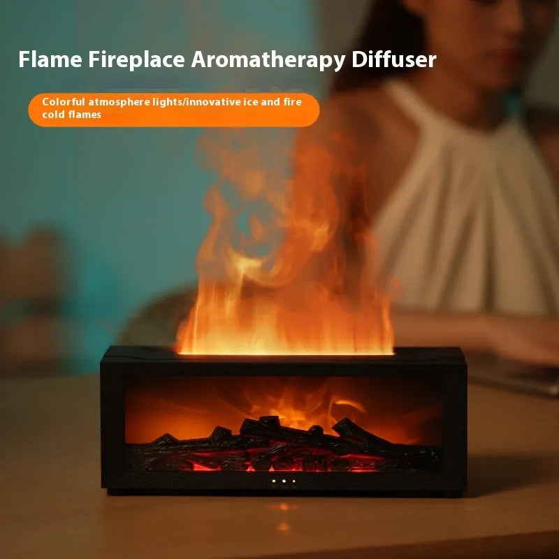 Square black flame essential oil diffuser with glowing 3D fire effect and coloured LED base lights.