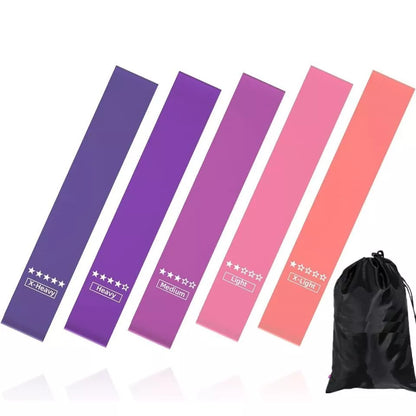 Set of 5 color-coded resistance loop bands for home fitness and therapy