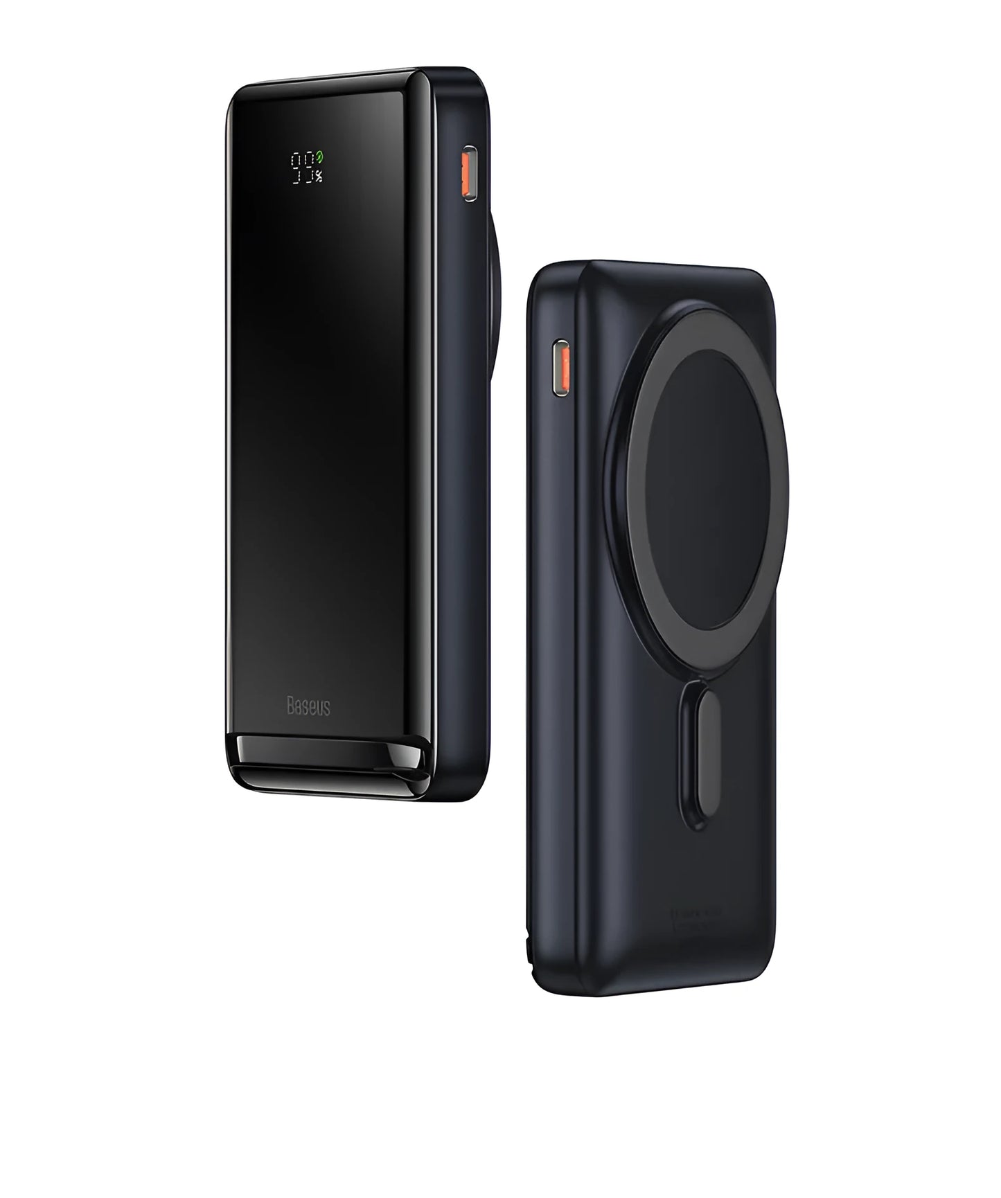 Slim 3-in-1 magnetic power bank in blue, white, or pink with wireless charging capability