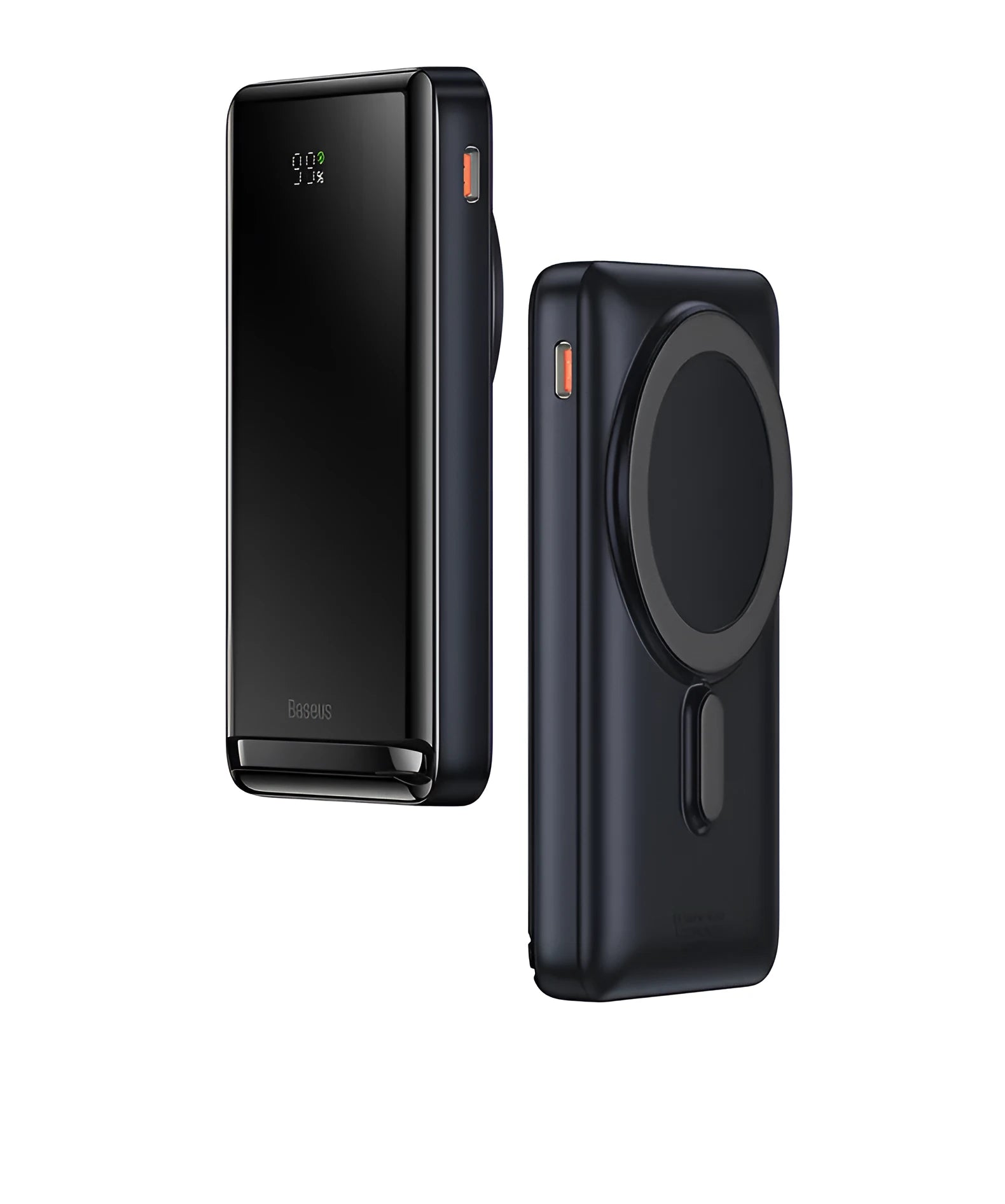 Slim 3-in-1 magnetic power bank in blue, white, or pink with wireless charging capability