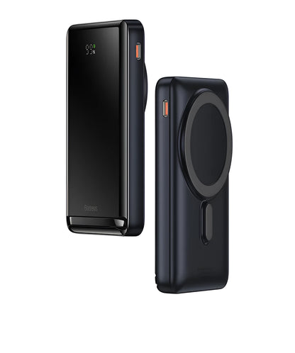 Slim 3-in-1 magnetic power bank in blue, white, or pink with wireless charging capability