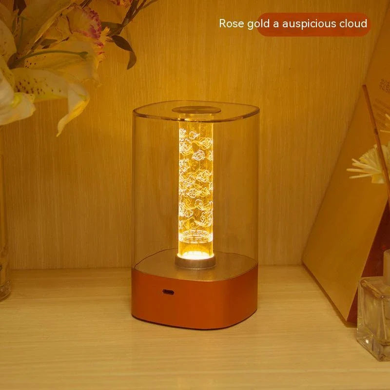 Elegant touch-controlled bedside lamp with soft, warm lighting, unique lamp post design, and wireless USB charging