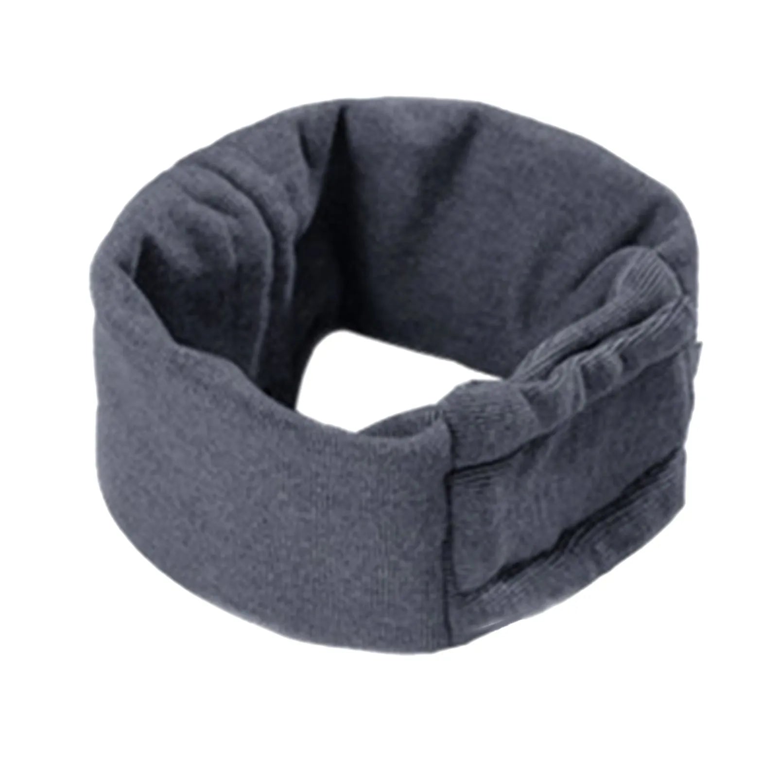Soft polyester dog head cover for noise reduction and mealtime use in black or purple.