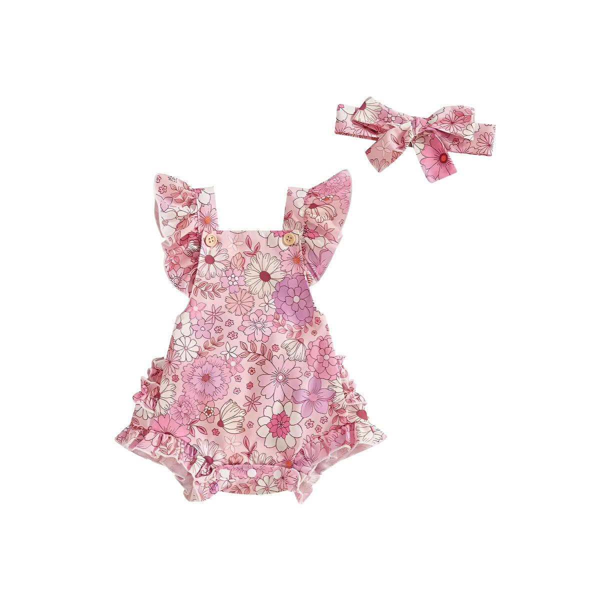 Girls floral print dress with matching headband, short sleeve pullover, available in pink, red, green, and brown, sizes 0-18 months.