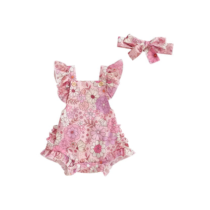 Girls floral print dress with matching headband, short sleeve pullover, available in pink, red, green, and brown, sizes 0-18 months.