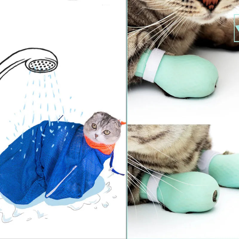 Four green silicone cat paw scratch protector foot covers for pet grooming and handling