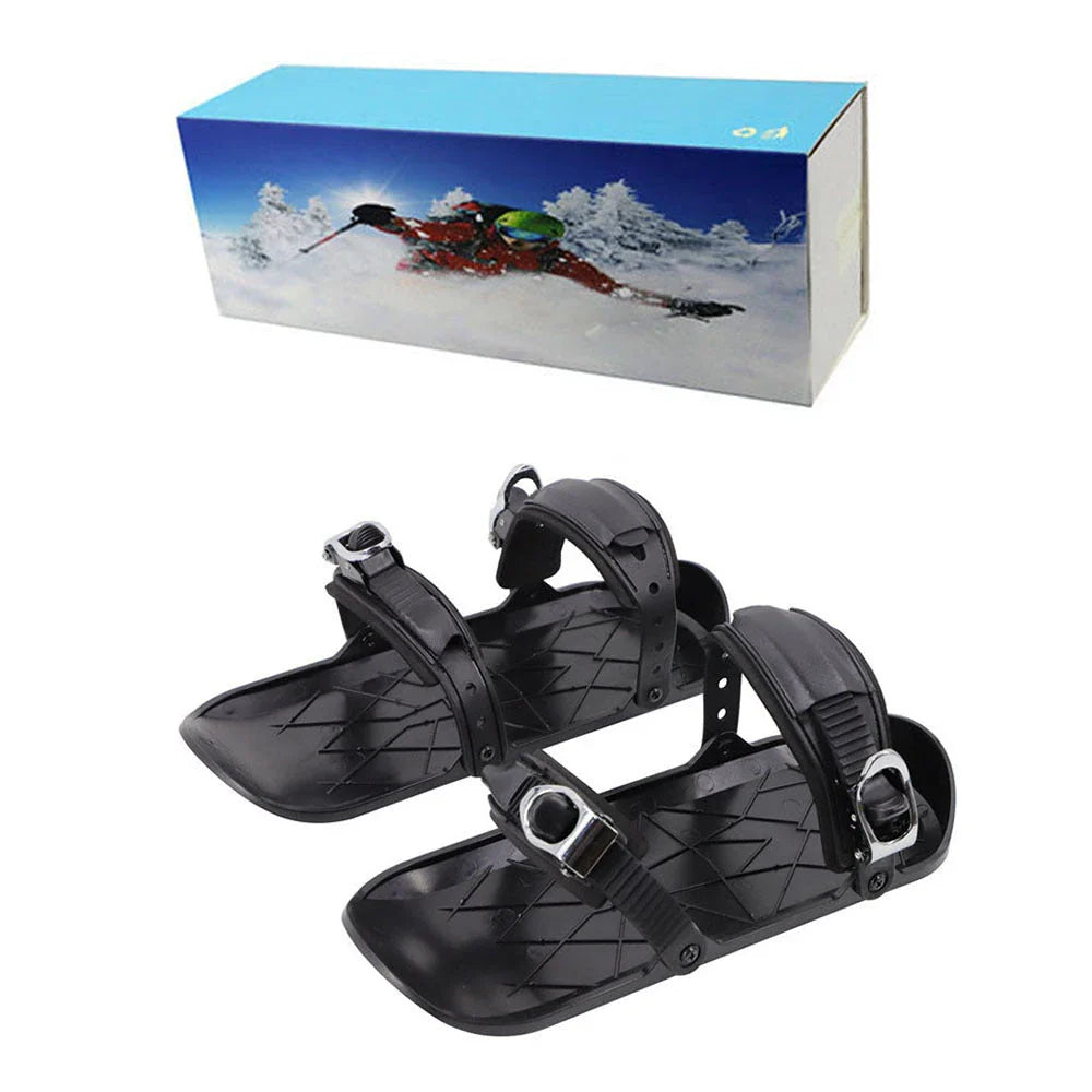 Adjustable snowshoeing mini skates with durable nylon soles, reinforced TPU laces, and customizable metal buckles for a secure fit across a wide range of shoe sizes