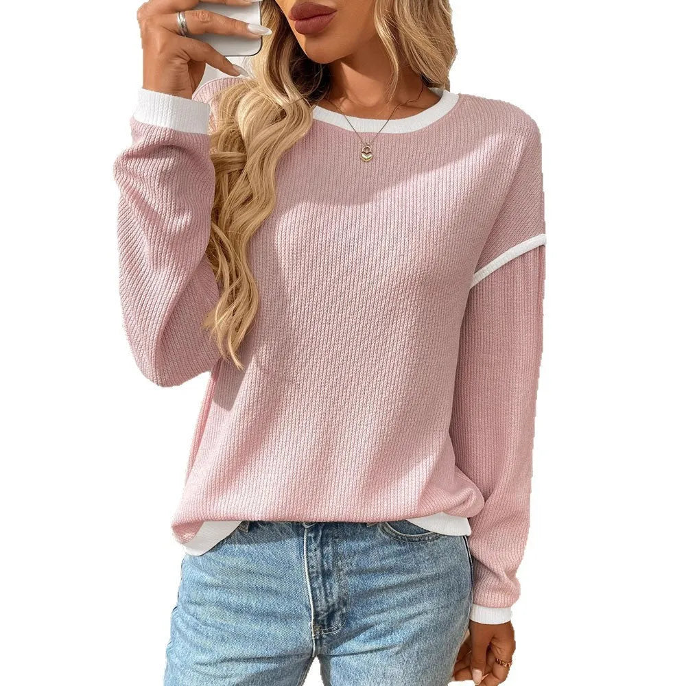 Women's loose round neck long sleeve polyester top shown in a multicolour range.