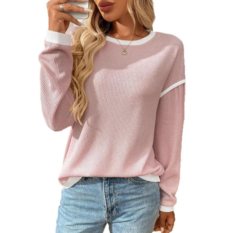 Women's round neck imitation sweater long sleeve loose top in polyester, available in multicolour options including pink, light blue, dark blue, light green, black and grey, wine red, and khaki, with sizes S to XXL and a normal 50cm length.