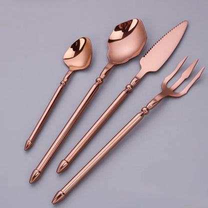 Stainless steel knife, fork, and two spoons set in a choice of seven metallic colour finishes.