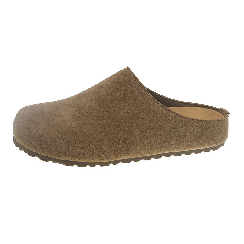 Korean-style flat outdoor slippers in apricot colour with square toe design and slip-on style