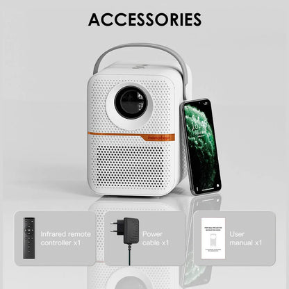 Black P10 2023 mini portable LCD projector with Android OS on a wooden table.