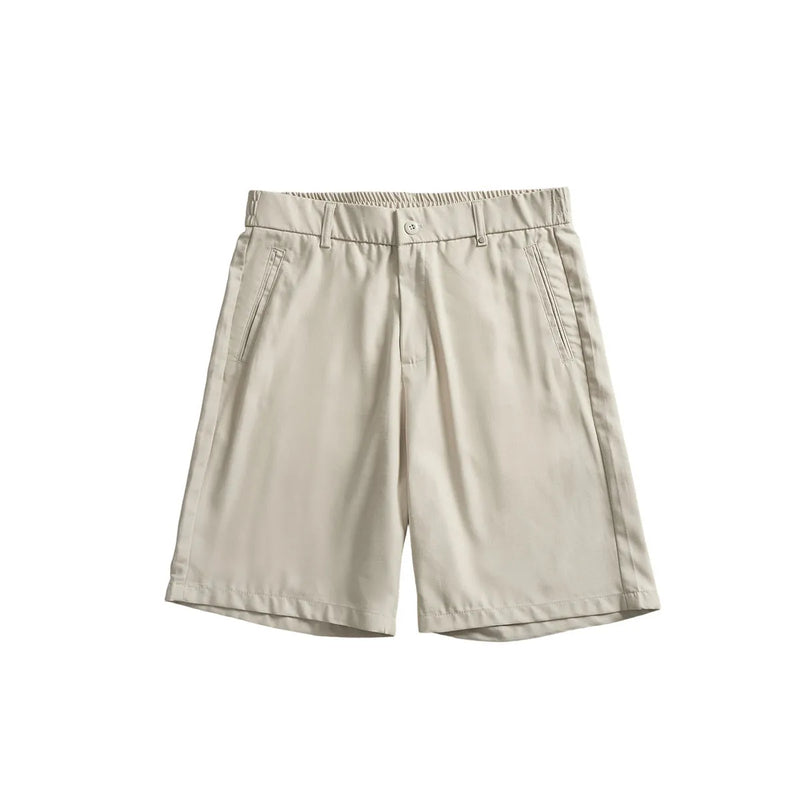 Lyocell cotton blend casual shorts for men's summer wear in a loose-fitting simple style with micro elasticity, available in apricot, dark grey, and black in sizes from S to 2XL including Asian and international size guidance