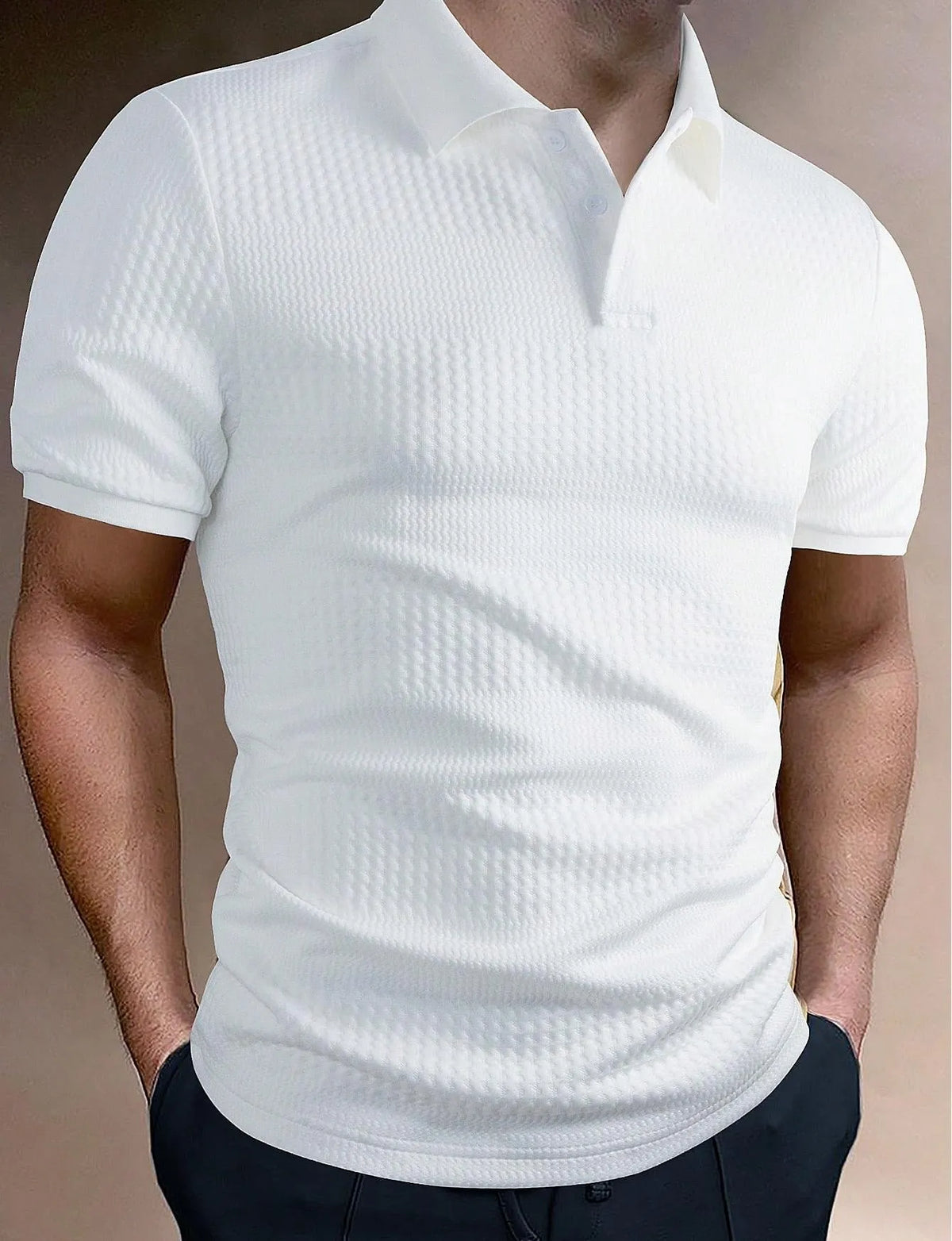 Men's striped loose fit polo shirt with short sleeves and asymmetric design detail in light blue.