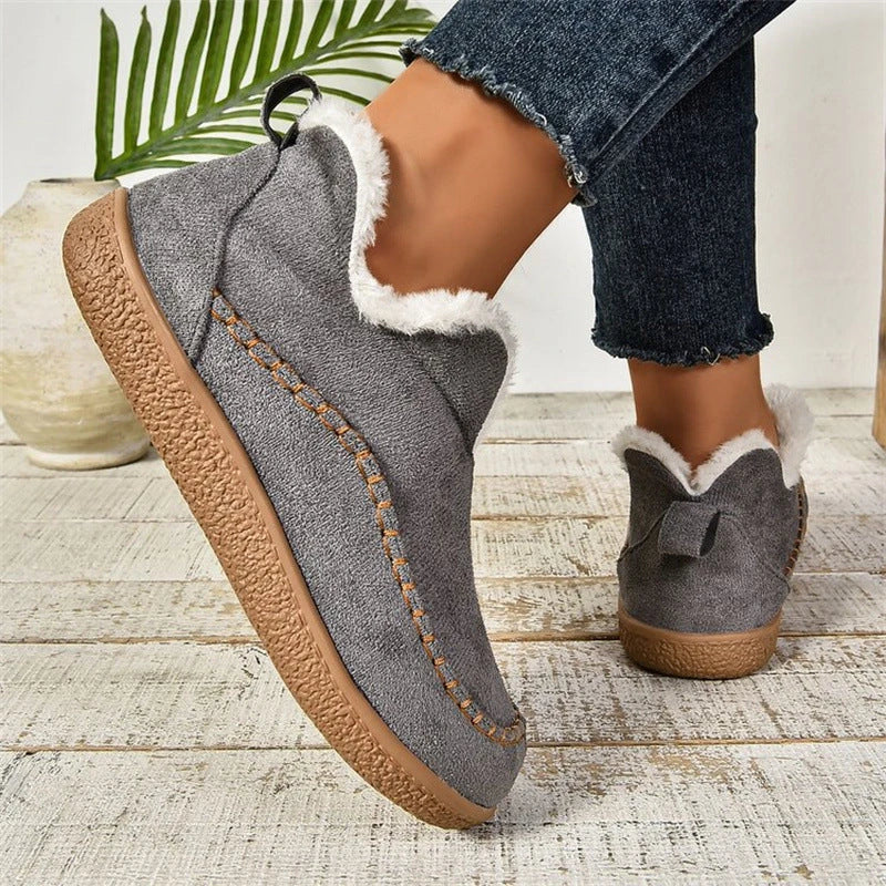 Fashionable V-cut plush-lined winter ankle boots for women in a variety of colors