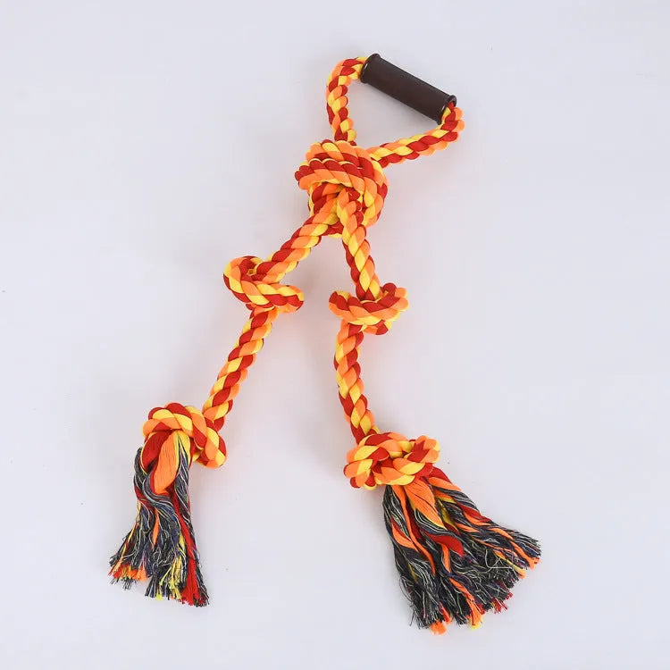 Blue and yellow cotton rope dog toy with non-slip handle for aggressive chewers