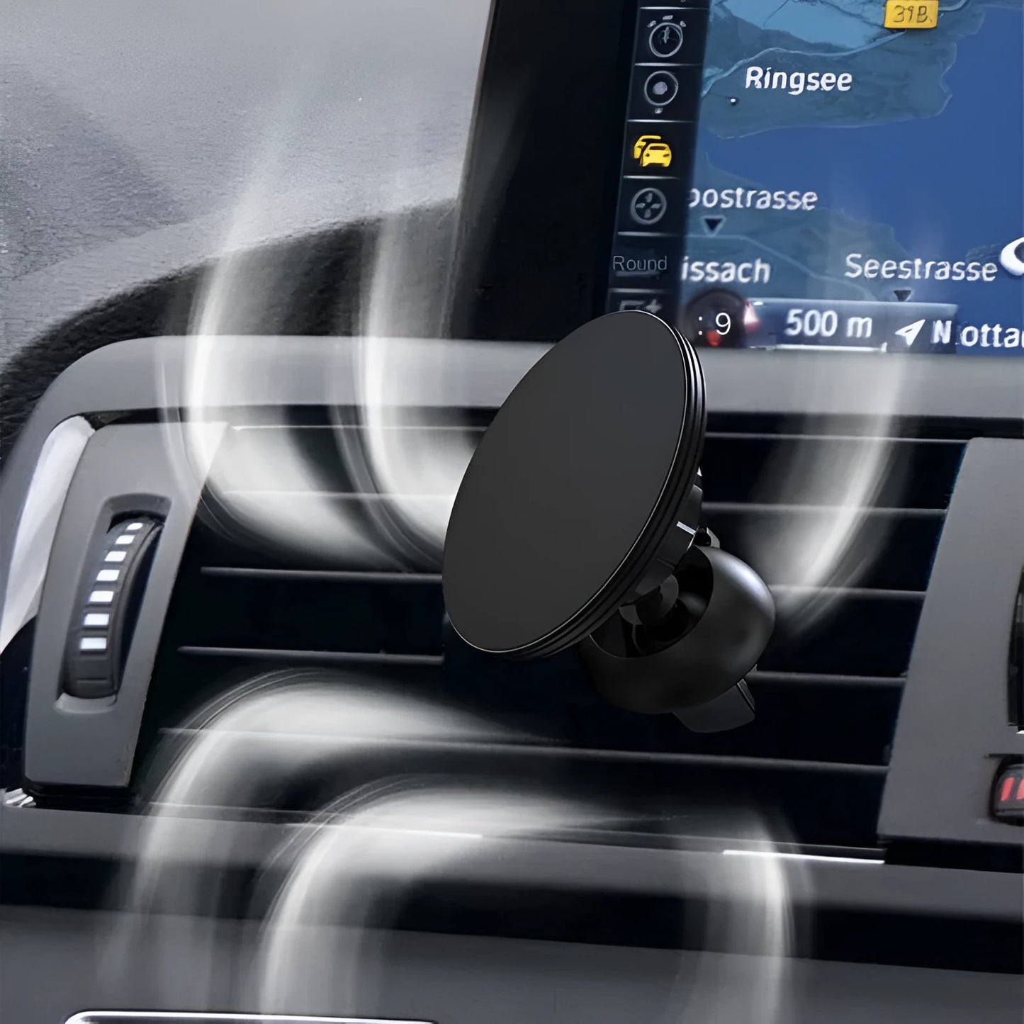 Black aluminium alloy magnetic phone holder attached to a car air vent, showing adjustable ball joint.