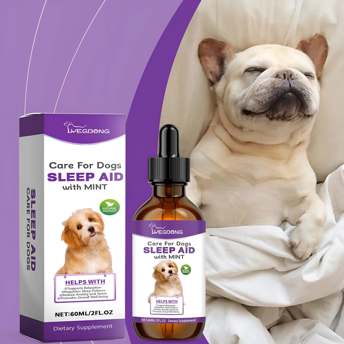 60ml bottle of dog sleep drops with mint extract for canine night care