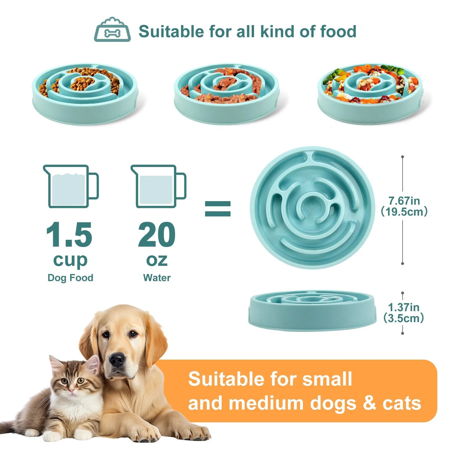Blue silicone slow feeder dog bowl with raised labyrinth puzzle pattern for dogs.