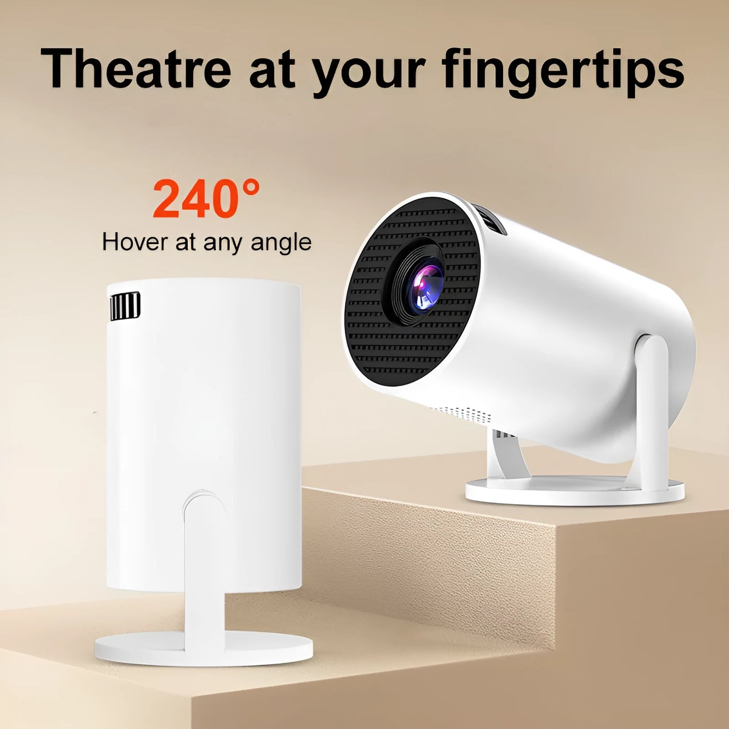 White mini wireless portable projector showing 1080p HD resolution display with wireless connectivity